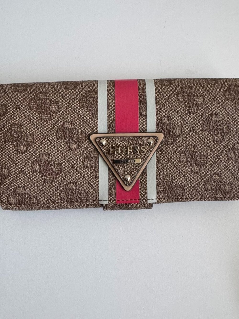 Guess Brown Monogram Wallet Pink Stripe Logo Long Wallet